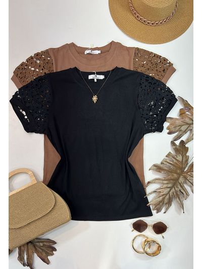 Blusa Manga Bordada Em Guipir Preta 