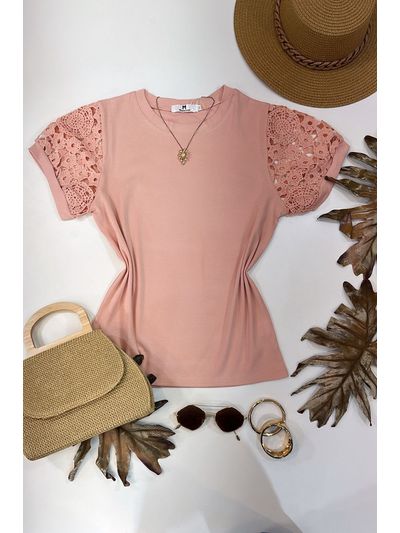 Blusa Manga Bordada Em Guipir Rosa
