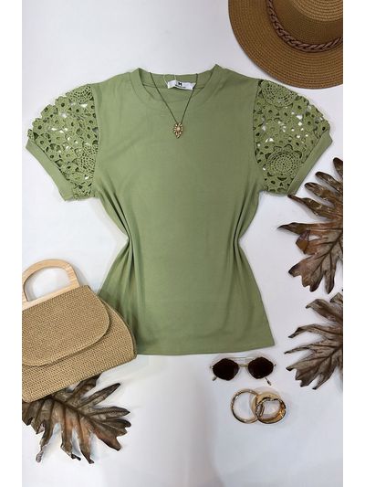 Blusa Manga Bordada Em Guipir Verde