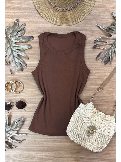 Blusa Regata Canelada Alongada Marrom 