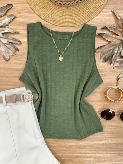 Blusa Canelada Regata Cropped Verde Militar 