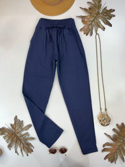Calça Reta em linho Azul Marinho 