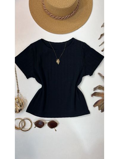Blusa Canelada Cropped Com Manga Preta 