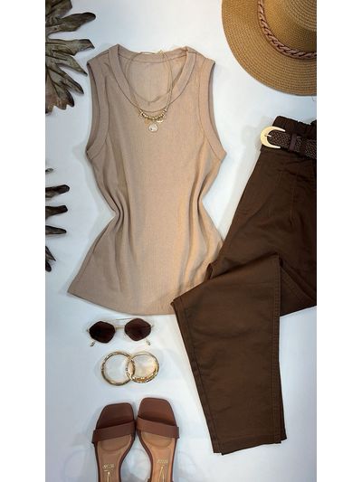 Blusa Regata Canelada Alongada Bege