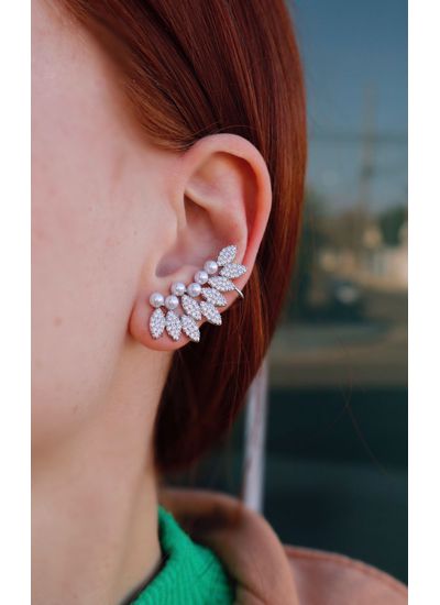 Brinco Luxo Earcuff Pérola Cravejado com Zircônias... - Dillu Jóias