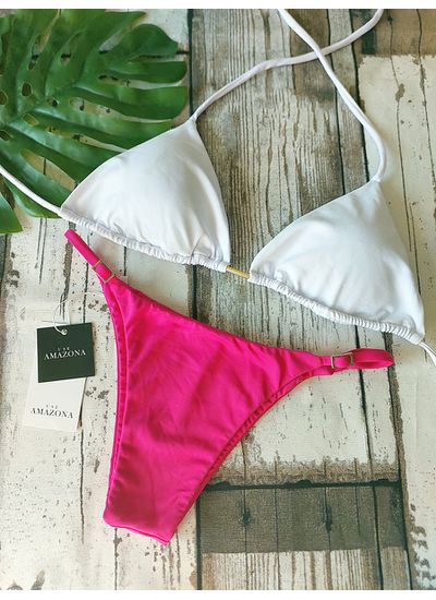 Biquini Top Branco e Calcinha Pink 490 - Use Amazona