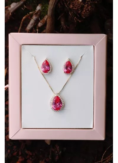 Conjunto Gota na Pedra Fusion Turmalina Rosa em Ba... - Dillu Jóias
