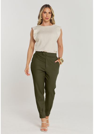 CALÇA LINHO CÓS TRANSPASSE - 5413.VERDE MILITAR - RUDÉLY LOJA