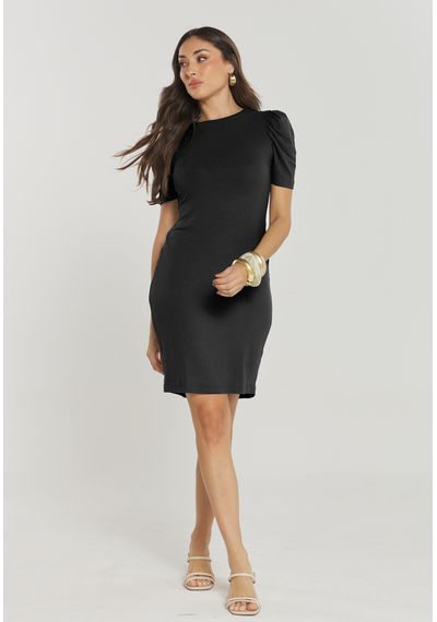 VESTIDO CANELADO BUFANTE - 2646.PRETO - RUDÉLY LOJA