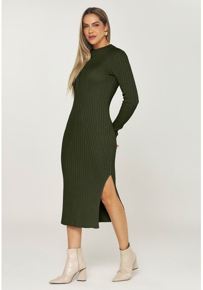 VESTIDO TRICÔ CANELADO YORK - 9829.VERDE MILITAR - RUDÉLY LOJA