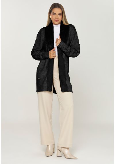 CASACO TRICÔ DETALHE SUEDE - 9864.PRETO - RUDÉLY LOJA