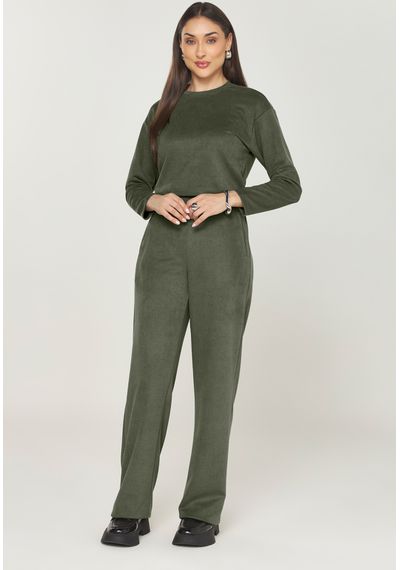 CALÇA WIDE LEG SUEDE SARJA - 5418.VERDE MILITAR - RUDÉLY LOJA