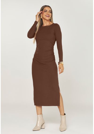VESTIDO MIDI CANELADO - 2711.MARROM - RUDÉLY LOJA
