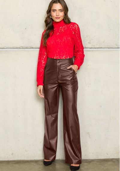 CALÇA WIDE LEG COURO SINTÉTICO - 5356.MARROM - RUDÉLY LOJA
