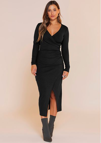 VESTIDO MIDI CANELADO - 2677.PRETO - RUDÉLY LOJA