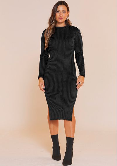 VESTIDO TRICÔ CANELADO - 9591.PRETO - RUDÉLY LOJA