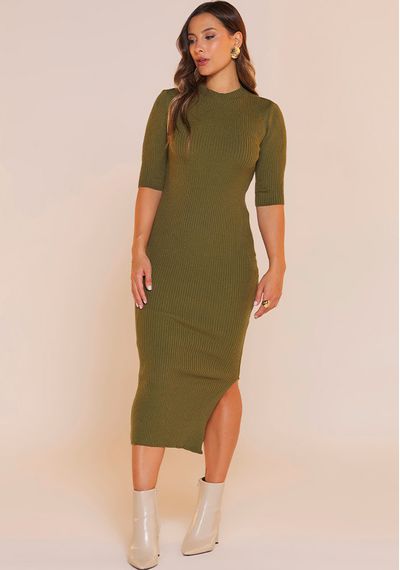 VESTIDO TRICÔ MANGA CURTA - 9761.VERDE MILITAR - RUDÉLY LOJA