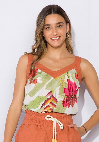 Blusa Estampada Detalhe Linho - 8624.LARANJA - RUDÉLY LOJA