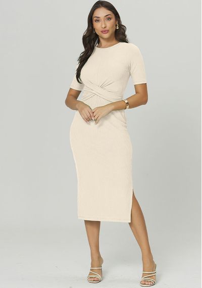 VESTIDO CANELADO MIDI - 2648.BEGE - RUDÉLY LOJA