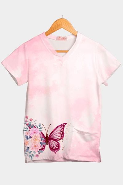 Blusa Borboletas Em Malha Dry Confortly Scrub