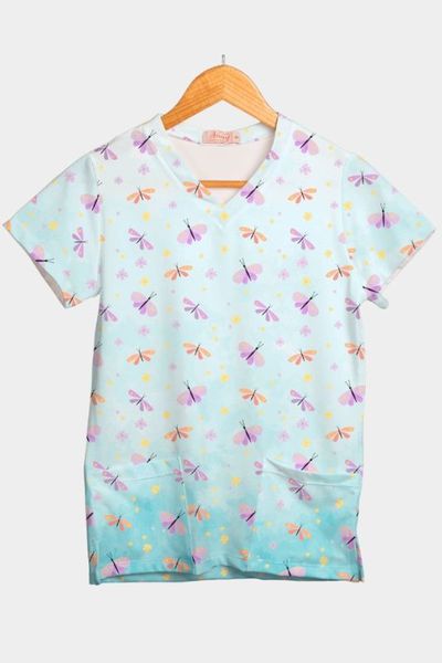 Blusa Borboletas Azul Em Malha Dry Confortly Scrub