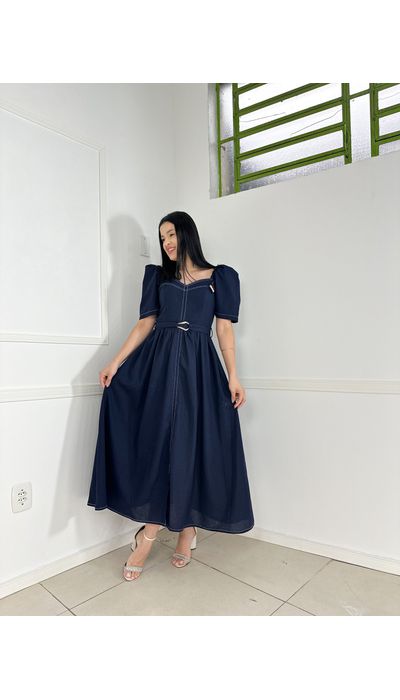 Vestido Linho Marinho - 012 - Belíssima Moda Evangélica