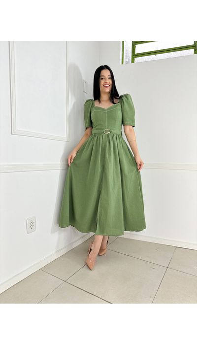 vestido linho verde militar - 013 - Belíssima Moda Evangélica