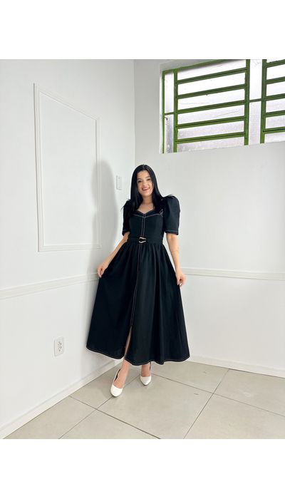 vestido Linho Preto - 014 - Belíssima Moda Evangélica