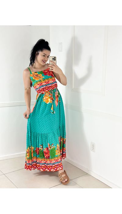 Vestido Multicolor Turquesa - 037 - Belíssima Moda Evangélica