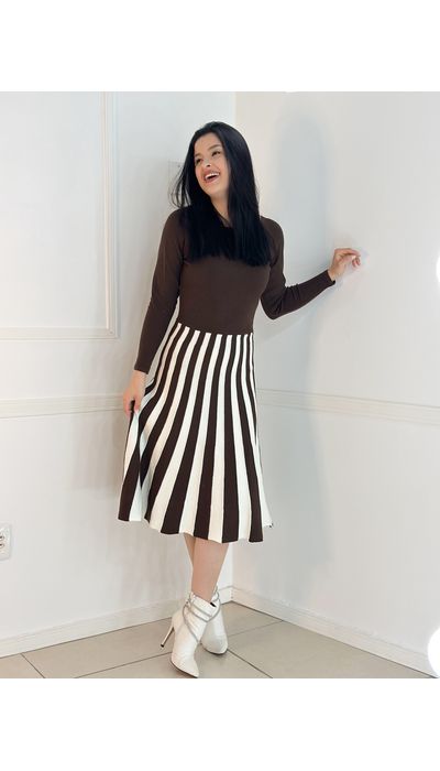 Vestido Tricô Modal Marrom/Branco - 019 - Belíssima Moda Evangélica
