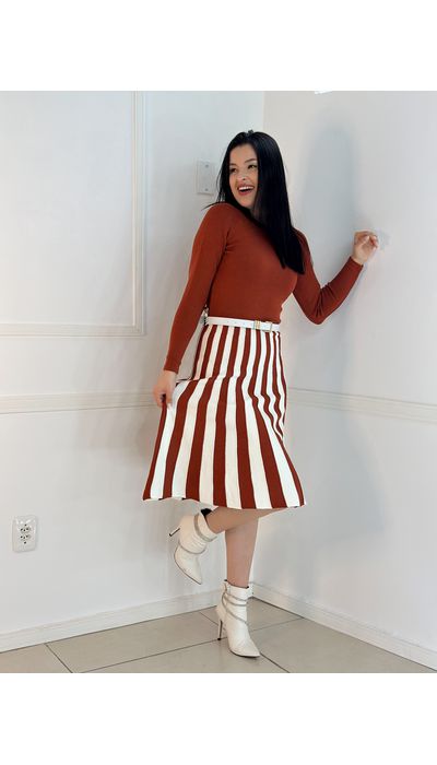 vestido tricô Telha/Branco - 020 - Belíssima Moda Evangélica