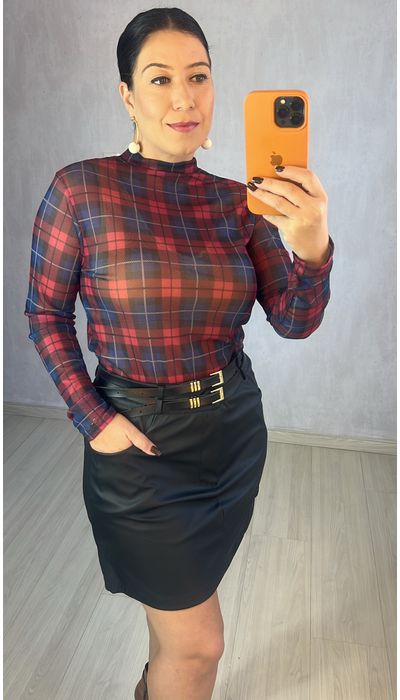 BLUSA FEMININA EM TULE MANGA LONGA XADREZ AZUL