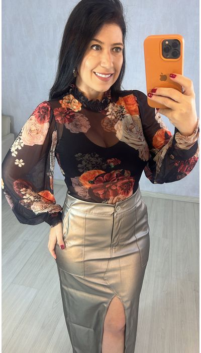 BLUSA FEMININA EM TULE MANGA LONGA FLORAL