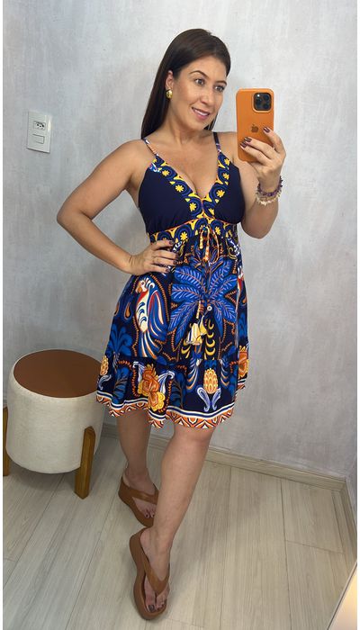 VESTIDO CURTO ESTAMPADO AZUL MARINHO