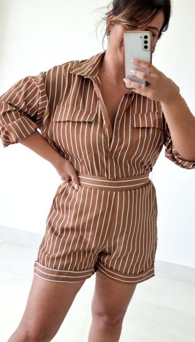 Conj. Kobe Short Camisa Listrado Marrom