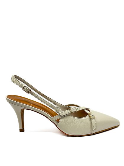 Slingback Off White em Couro Salto Fino - SAGIAN