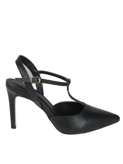 Scarpin Preto Salto Fino em Couro Fivela Ajustável - SAGIAN