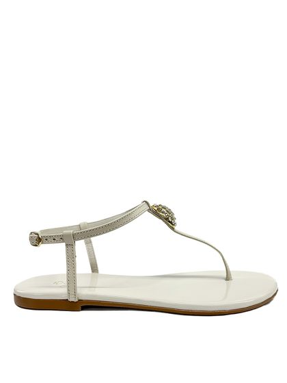 Sandália Rasteira Off White em Couro Pedraria - SAGIAN