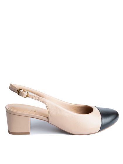 Slingback em Couro Salto Bloco Bege/Preto Confort - SAGIAN