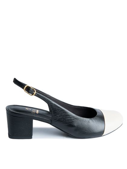 Slingback em Couro Salto Bloco Preto/Off White Con... - SAGIAN