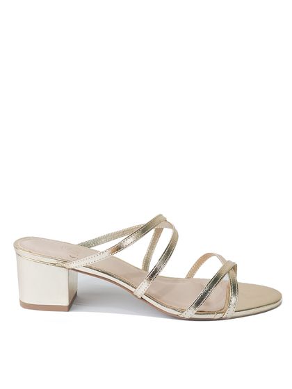 Tamanco Dourado Salto Bloco Tiras Couro - SAGIAN