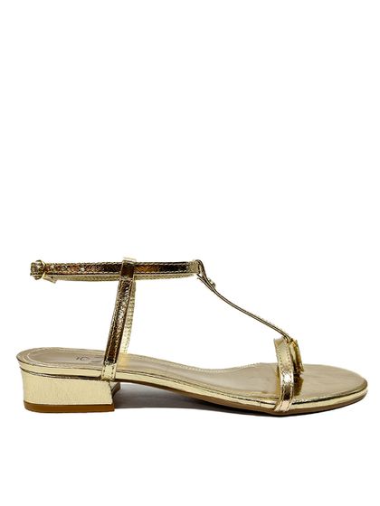 Sandália Dourada Salto Bloco Couro - SAGIAN