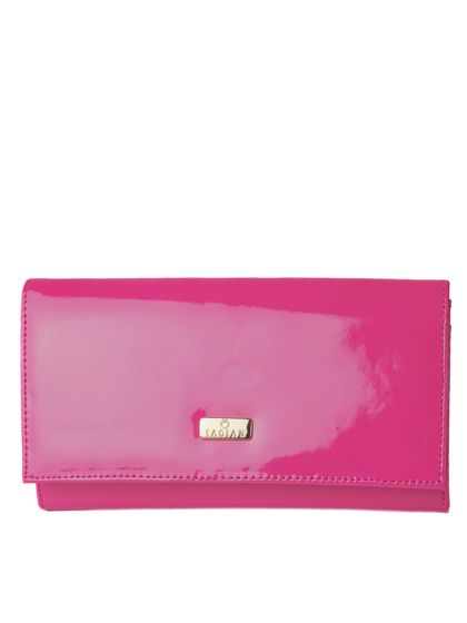 Bolsa Clutch Rosa em Couro Verniz com Alça em Corr... - SAGIAN