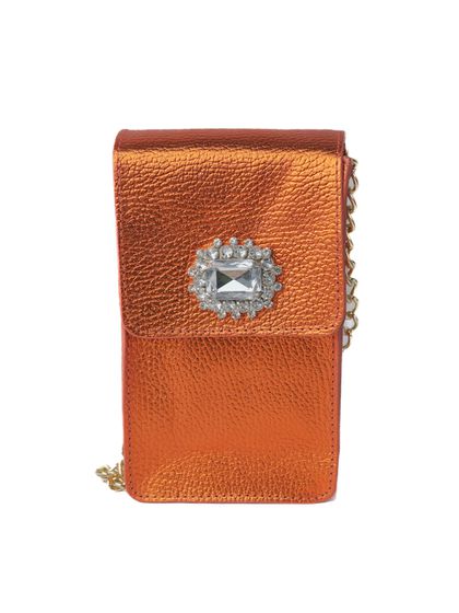 Mini Bag Tiracolo Laranja Couro Metalizado Porta C... - SAGIAN
