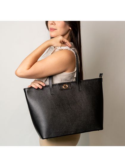 Bolsa Shopping Preta Couro Grande Aline - SAGIAN
