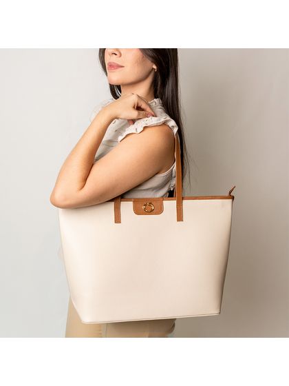 Bolsa Shopping Off White/Caramelo Couro Grande Ali... - SAGIAN