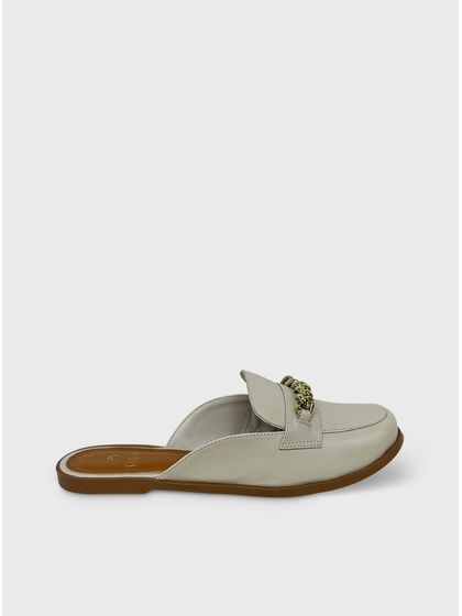 Mule Off White Couro Detalhe Dourado - SAGIAN