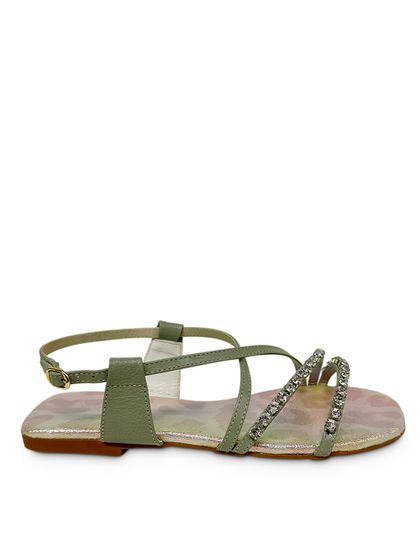 Sandália Rasteira Verde Musgo Couro Pedraria - SAGIAN