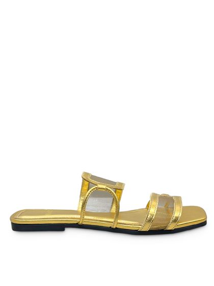 Sandália Rasteira Dourada Tela Couro - SAGIAN