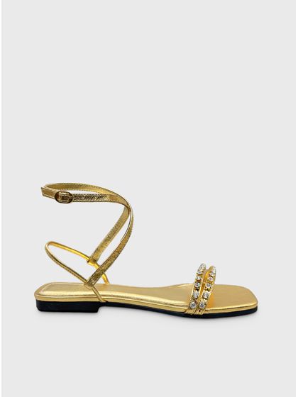 Sandália Rasteira Dourada Strass Couro - SAGIAN